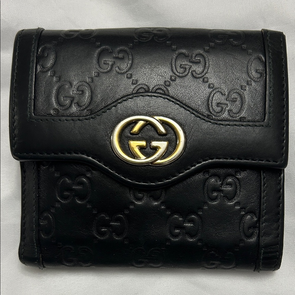 Gucci Black Embossed Wallet with Gold Emblem